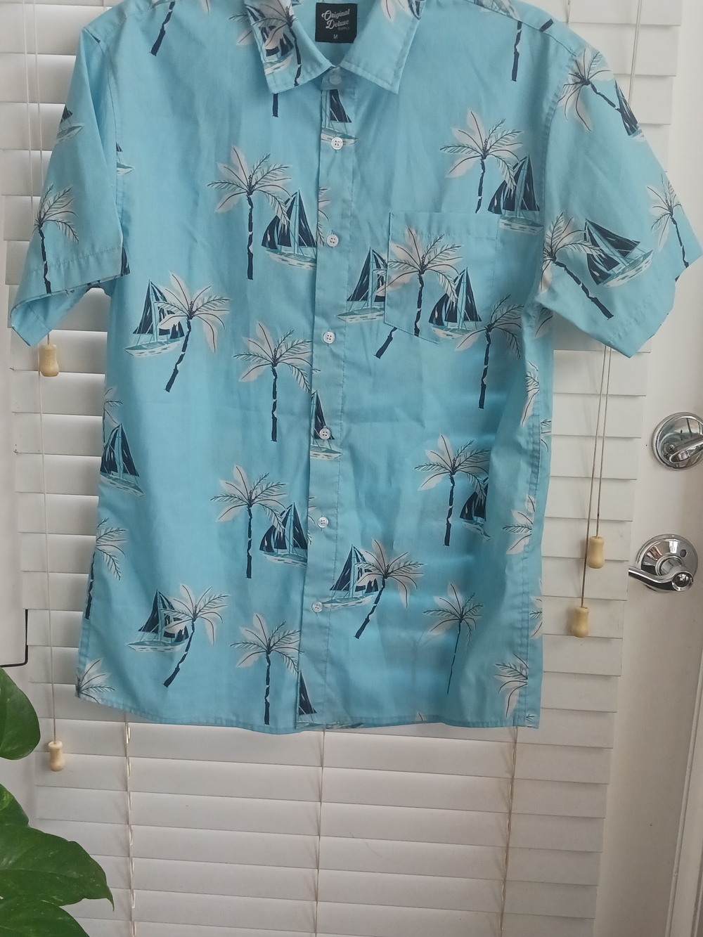 Original Deluxe Light Blue Tropical Print Short-Sleeve Button-Down Shirt